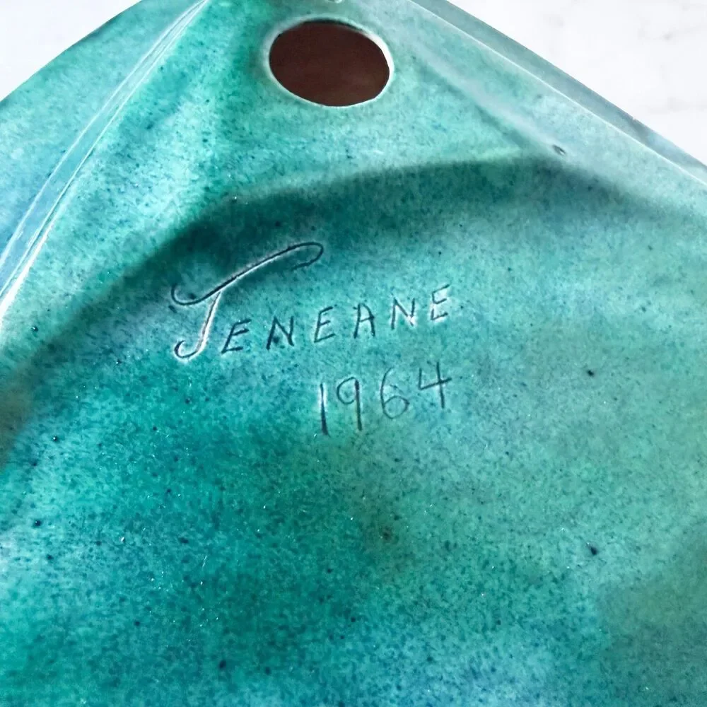 Vintage 1964 Handmade Pottery Ashtray MARLENE Blue Green Drip Glaze Signed